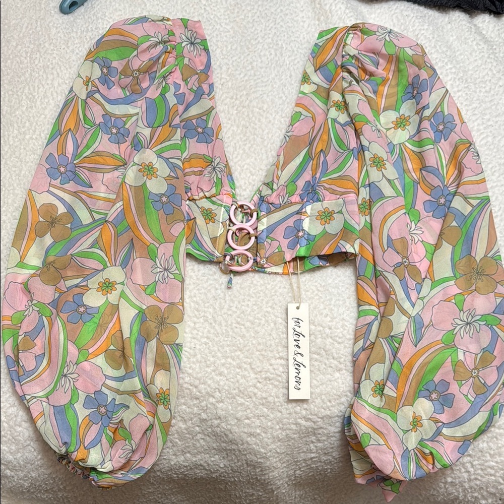 For Love And Lemons Floral Puff Sleeve Blouse - Pink, Green, Orange